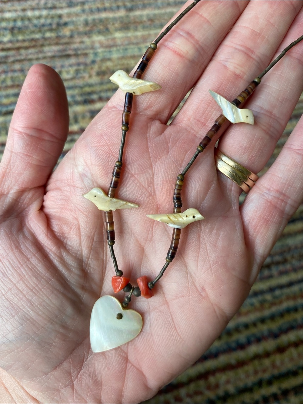 Vintage Handcrafted Mother-of-Pearl Bird & Heart Necklace